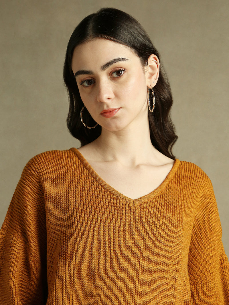 DL Woman Yellow Solid V- Neck Sweater