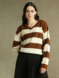 DL Woman V- Neck Striped Pullover Sweater