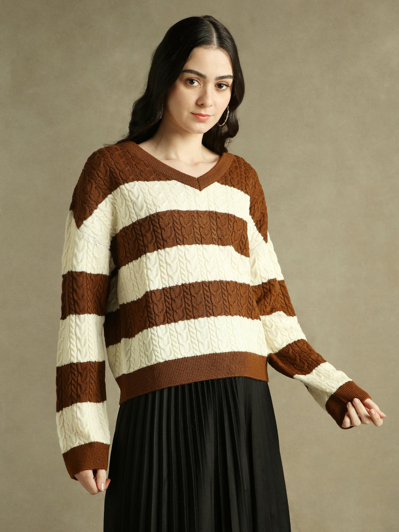 DL Woman V- Neck Striped Pullover Sweater