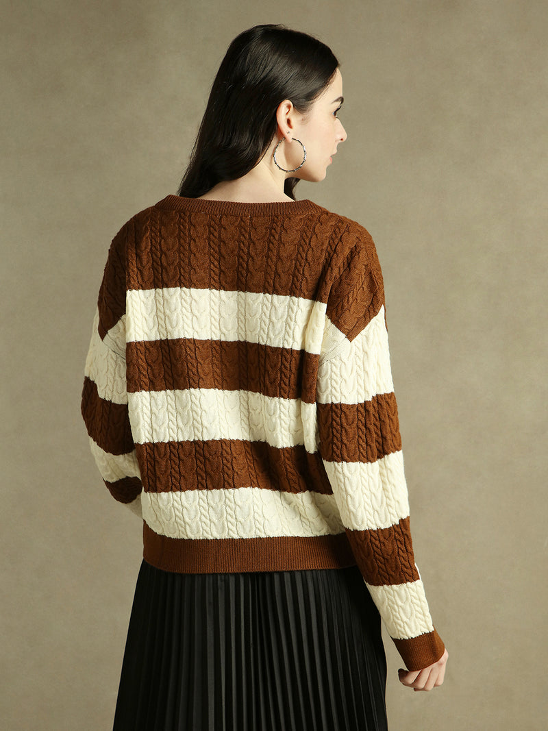 DL Woman V- Neck Striped Pullover Sweater