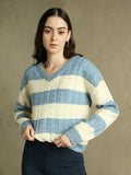 DL Woman V- Neck Striped Pullover Sweater