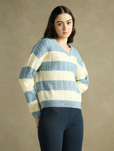 DL Woman V- Neck Striped Pullover Sweater