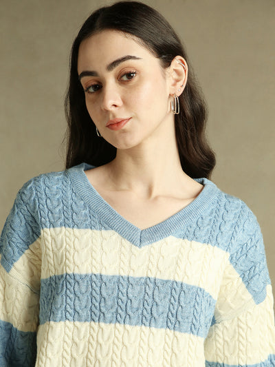 DL Woman V- Neck Striped Pullover Sweater