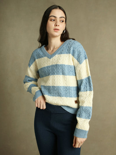 DL Woman V- Neck Striped Pullover Sweater