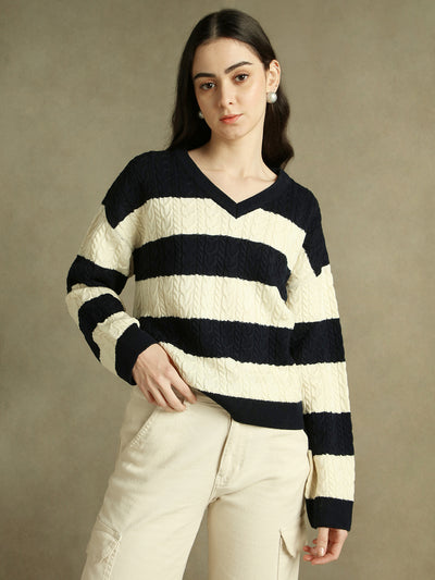 DL Woman V- Neck Striped Pullover Sweater