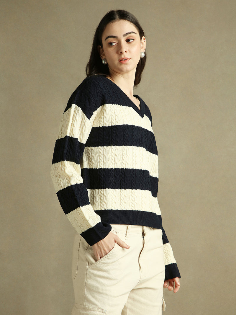 DL Woman V- Neck Striped Pullover Sweater