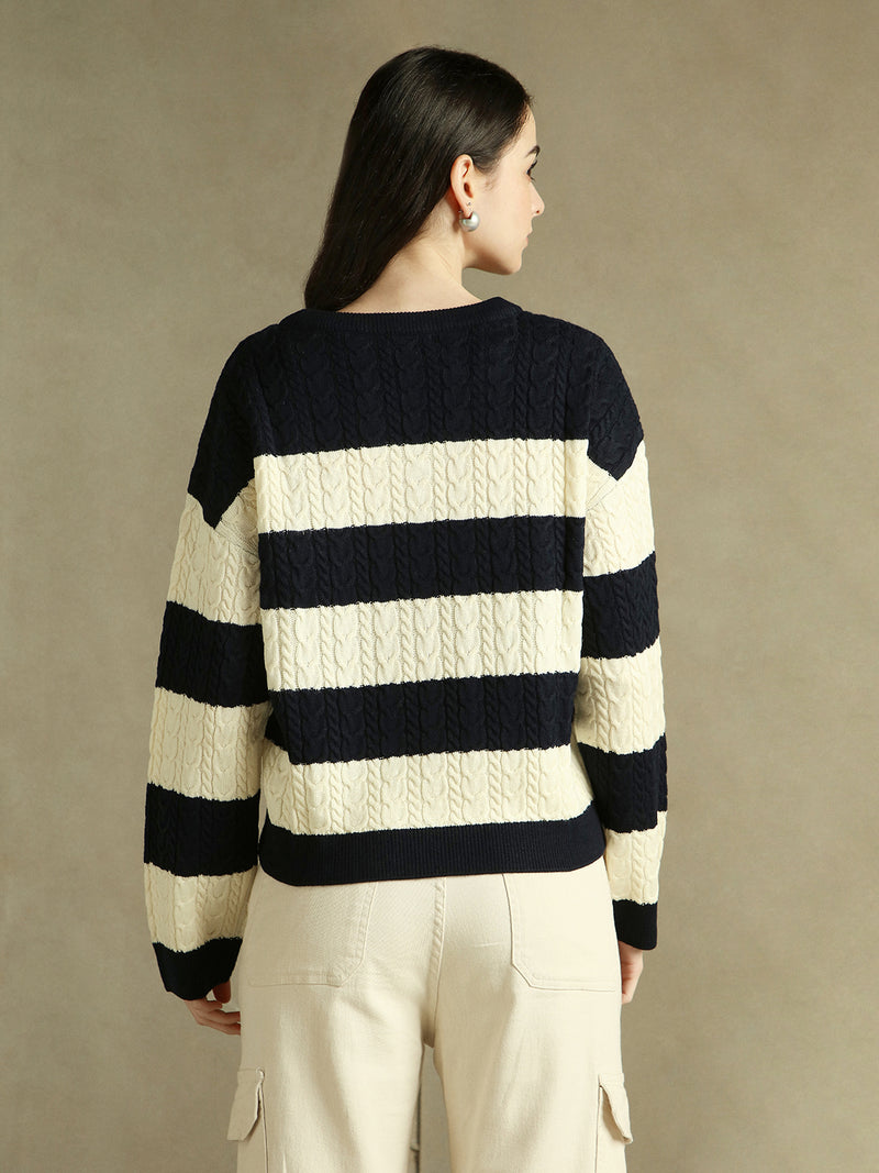 DL Woman V- Neck Striped Pullover Sweater