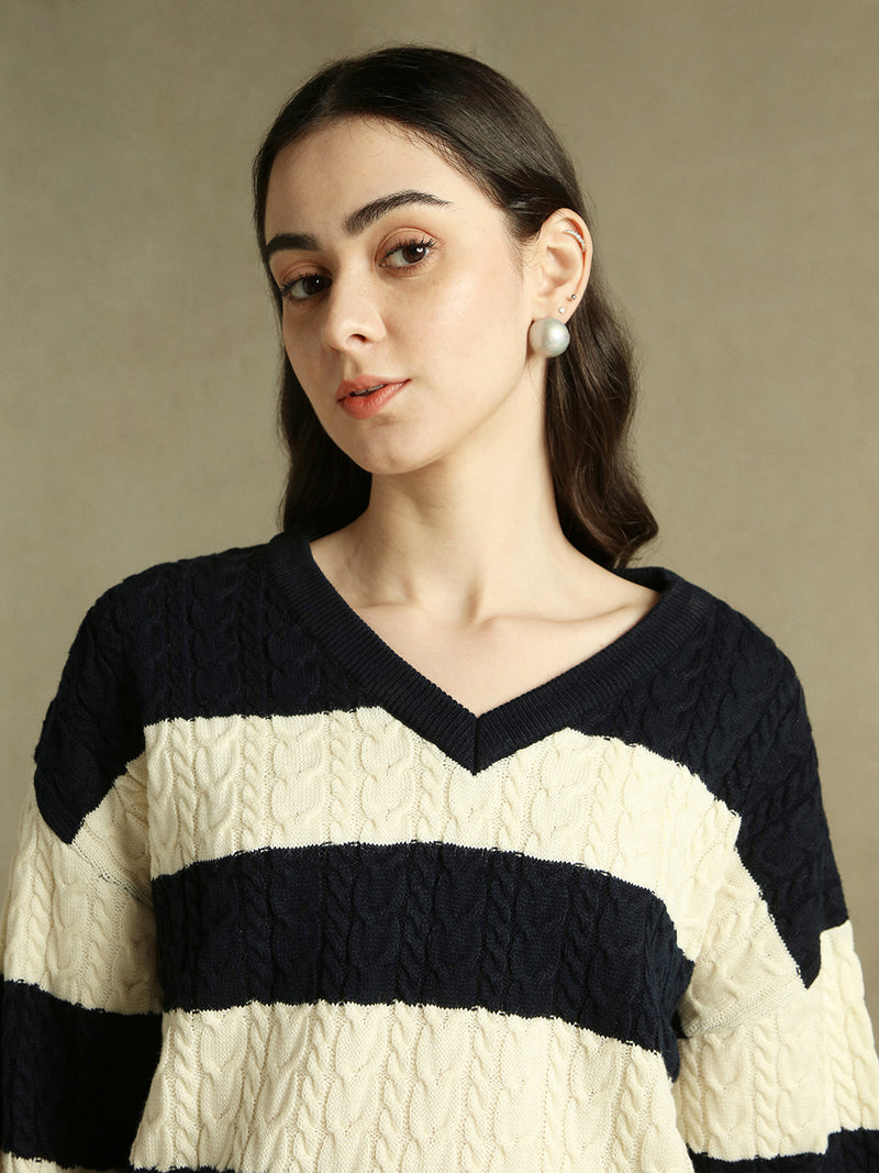 DL Woman V- Neck Striped Pullover Sweater