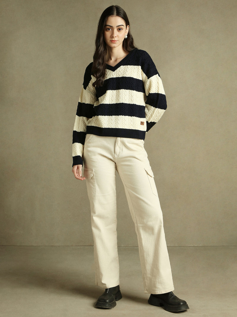 DL Woman V- Neck Striped Pullover Sweater