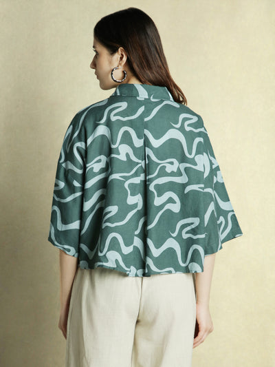 DL Woman Green Abstract Print Shirt Collar Half Sleeves Top