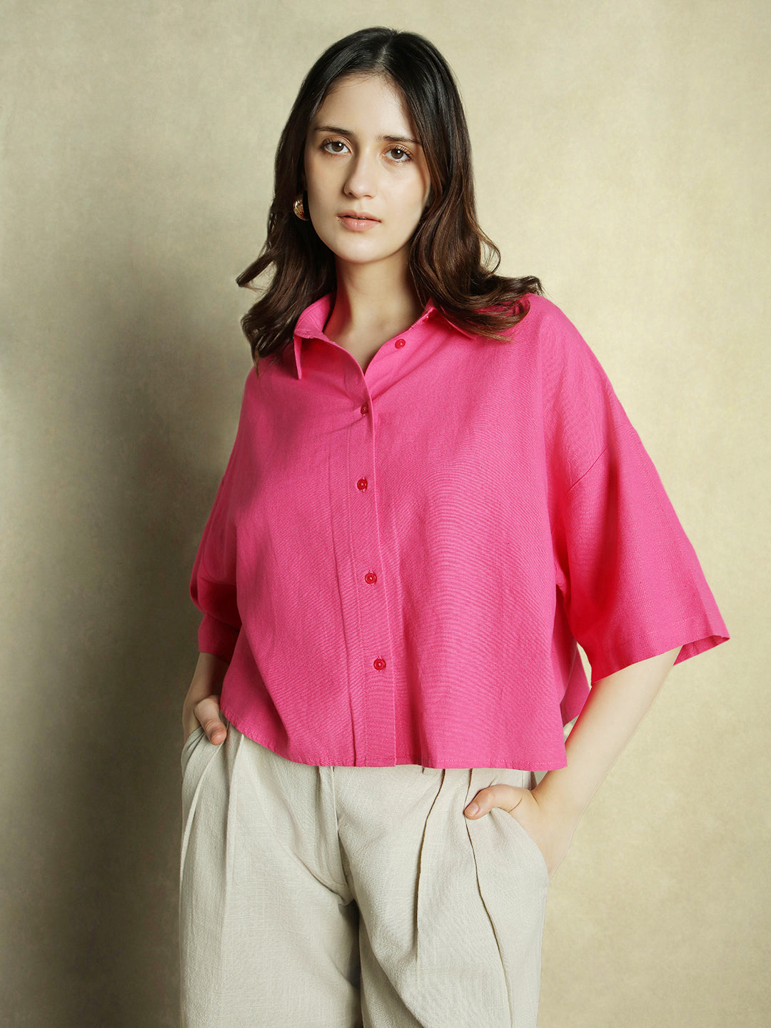 DL Woman Pink Solid Shirt Collar Half Sleeves Top