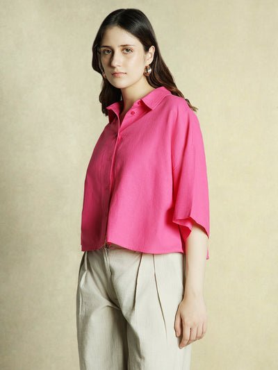 DL Woman Pink Solid Shirt Collar Half Sleeves Top