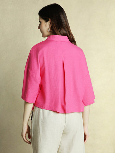 DL Woman Pink Solid Shirt Collar Half Sleeves Top