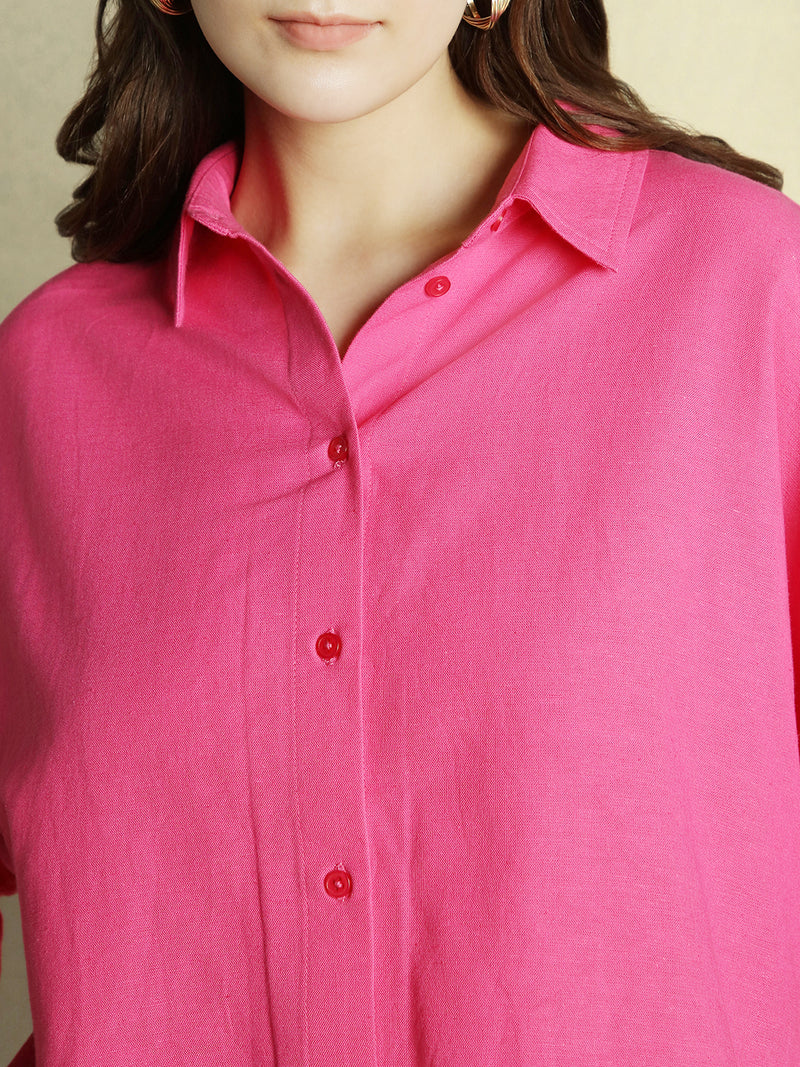 DL Woman Pink Solid Shirt Collar Half Sleeves Top