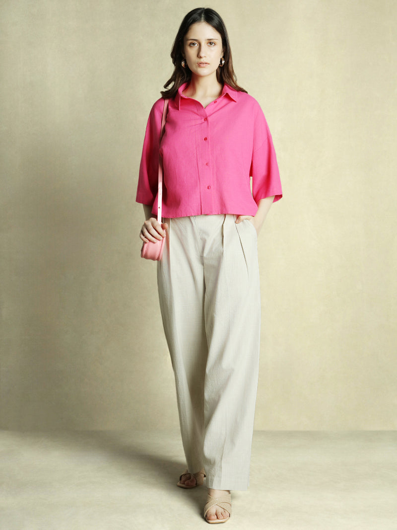 DL Woman Pink Solid Shirt Collar Half Sleeves Top