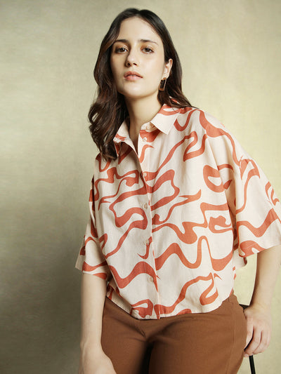 DL Woman Rust Abstract Print Shirt Collar Half Sleeves Top