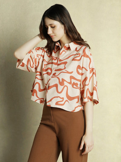 DL Woman Rust Abstract Print Shirt Collar Half Sleeves Top