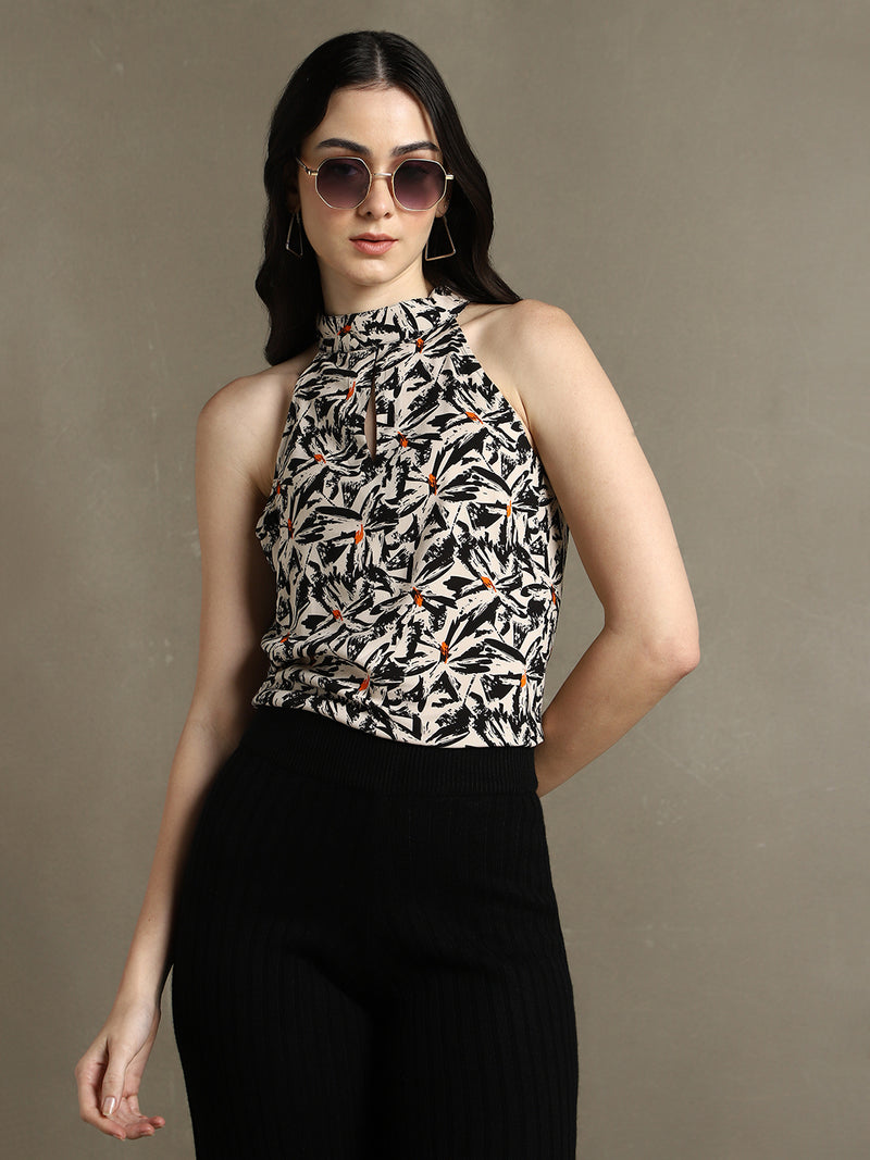 DL Woman Black Halter Neck Sleeveless Printed Top