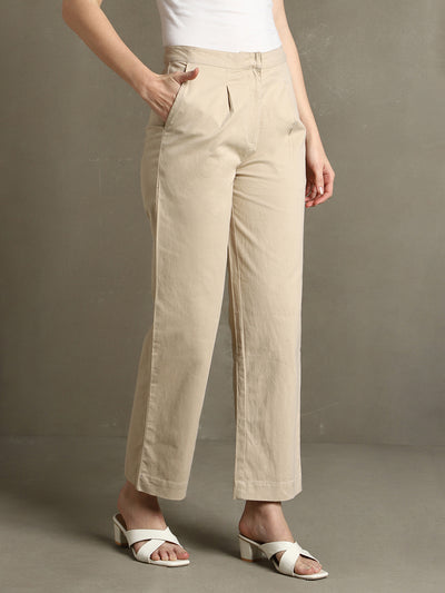 DL Woman Light Khaki Solid Straight Fit Trousers