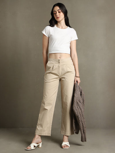 DL Woman Light Khaki Solid Straight Fit Trousers