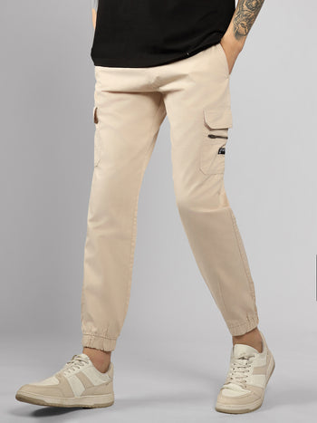 Men's Cream Solid Slim Fit Cargo Jogger