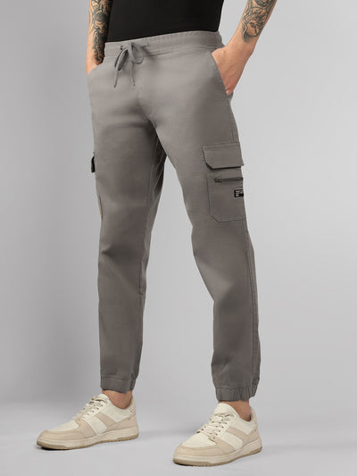 Men's Light Grey Solid Slim Fit Cargo Jogger