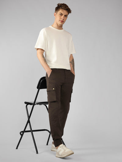 Men's Brown Solid Slim Fit Cargo Jogger