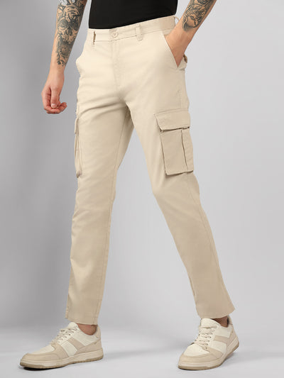 Men's Cream Solid Regular Fit Cargos