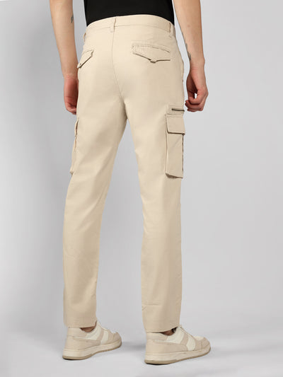 Men's Cream Solid Regular Fit Cargos