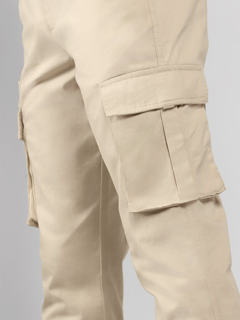 Men's Cream Solid Regular Fit Cargos