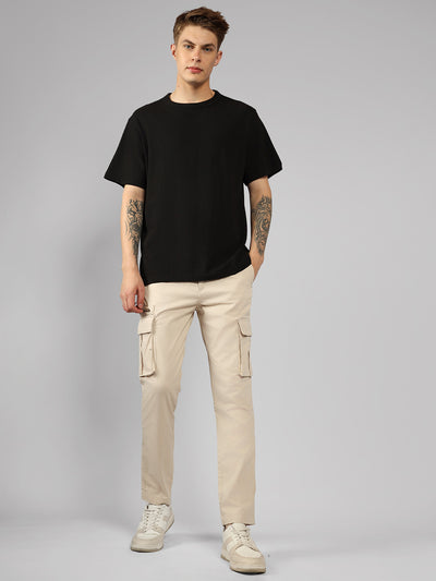 Men's Cream Solid Regular Fit Cargos