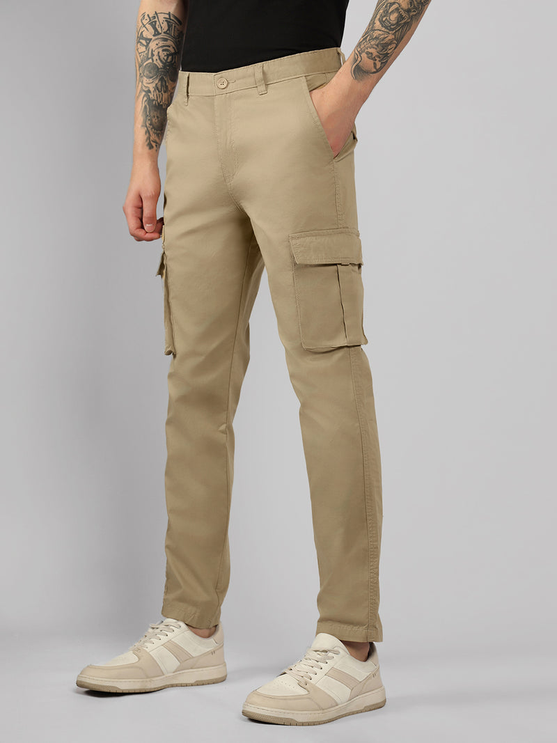 Men's Khaki Solid Slim Fit Cargos