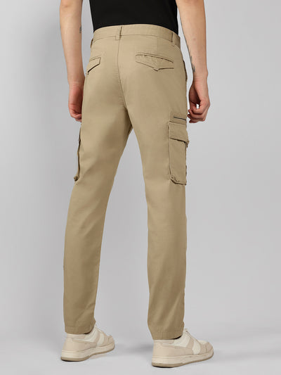 Men's Khaki Solid Slim Fit Cargos