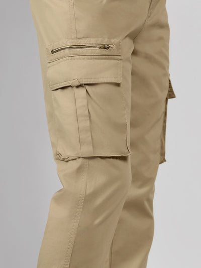 Men's Khaki Solid Slim Fit Cargos