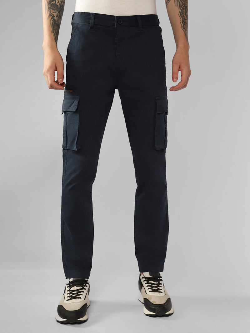 Men's Navy Solid Slim Fit Cargos