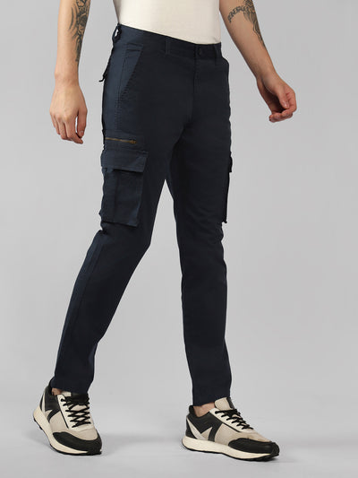 Men's Navy Solid Slim Fit Cargos