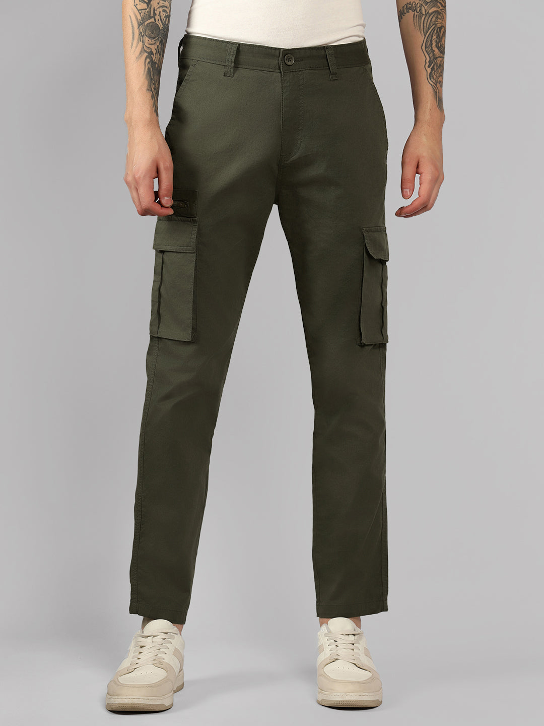 Men's Olive Solid Slim Fit Cargos