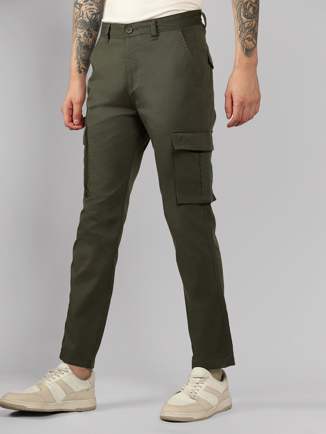 Men's Olive Solid Slim Fit Cargos