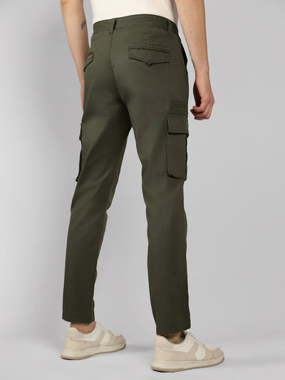 Men's Olive Solid Slim Fit Cargos