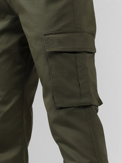 Men's Olive Solid Slim Fit Cargos