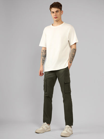 Men's Olive Solid Slim Fit Cargos