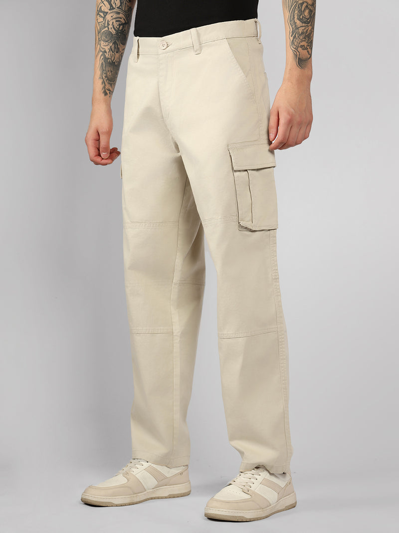 Men's Beige Solid Relaxed Fit Cargos