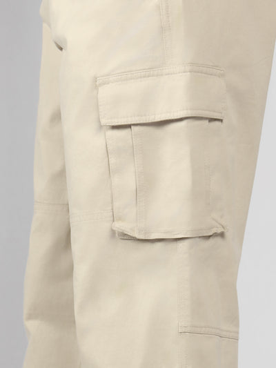 Men's Beige Solid Relaxed Fit Cargos