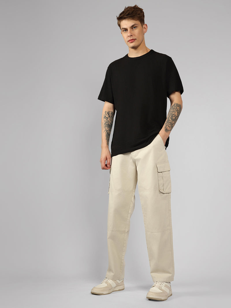 Men's Beige Solid Relaxed Fit Cargos