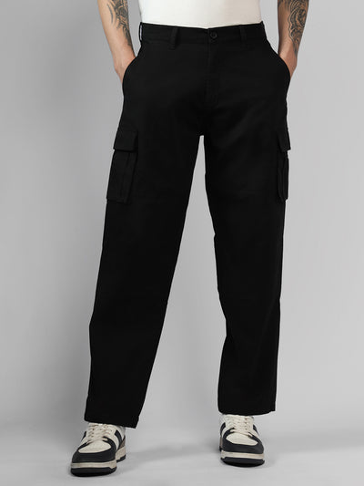 Men's Black Solid Relaxed Fit Cargos