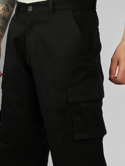 Men's Black Solid Relaxed Fit Cargos