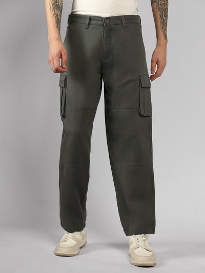 Men's Dark Grey Solid Relaxed Fit Cargos