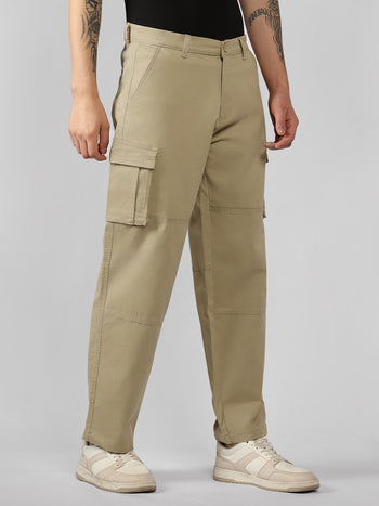 Men's Cream Solid Relaxed Fit Cargos