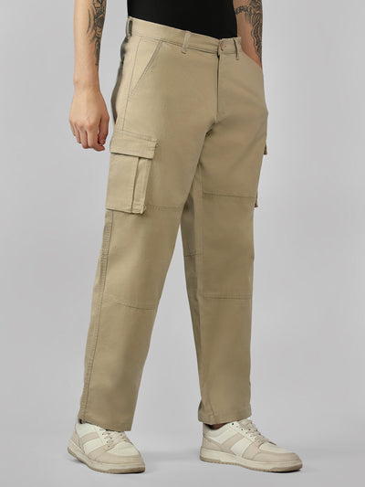 Men's Cream Solid Relaxed Fit Cargos