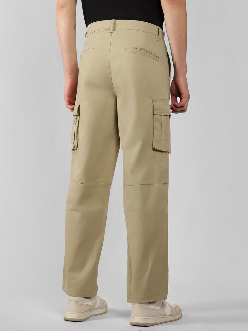 Men's Cream Solid Relaxed Fit Cargos